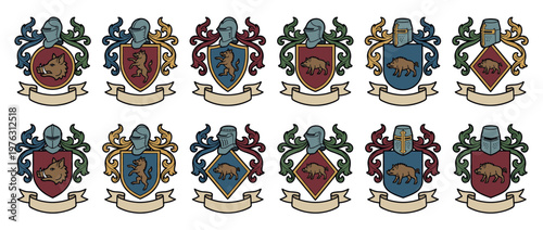 Collection of medieval heraldic crests featuring wild boars on shields with knight helmets and decorative scrollwork.