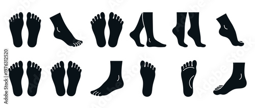 Human feet and legs in various poses and angles, depicted as black silhouettes for anatomical and medical illustrations.