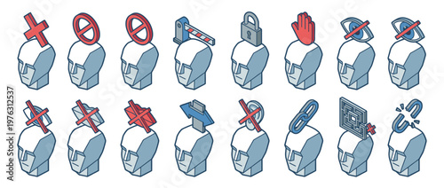 Human heads with various symbols representing mental blocks, restrictions, and cognitive limitations in an isometric illustration.