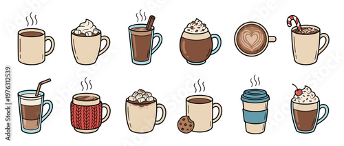 Collection of various hot beverages in different cups and mugs, including coffee, hot chocolate, and latte, with diverse toppings.