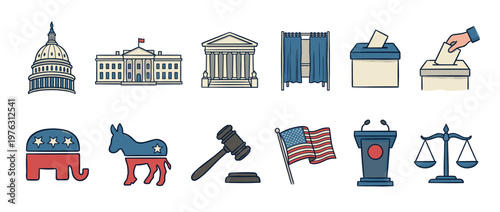United States government, political election, and justice system icons in a hand-drawn style illustration representing American democracy.