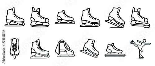Collection of various ice skates, figure skates, hockey skates, and a figure skater icon set for winter sports and recreation.
