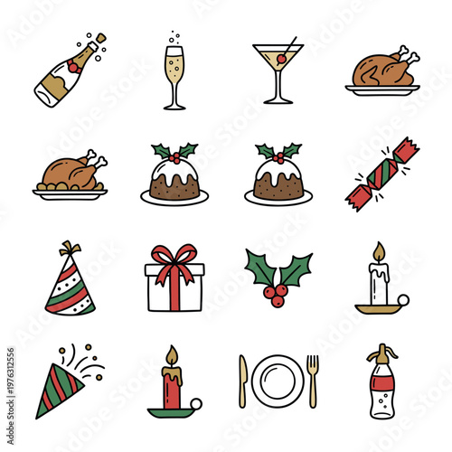 Christmas celebration icons and holiday party elements including food, drinks, and decorations for festive season greetings and events.