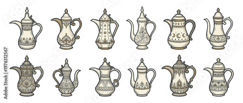 Arabic coffee pots collection with intricate patterns and traditional designs, perfect for cultural and beverage-related themes.