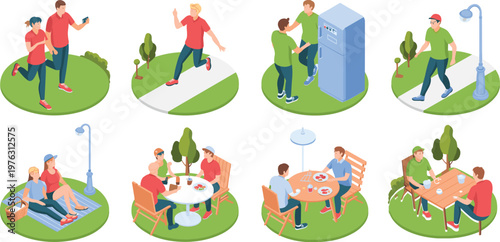 Isometric of people engaging in outdoor activities, socializing, and interacting with park green