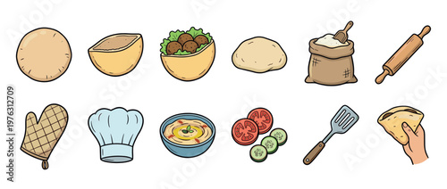 Pita bread, falafel, hummus, and baking ingredients with kitchen tools for Middle Eastern food preparation.