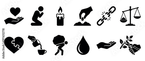 Collection of various symbolic icons representing abstract concepts, human values, and actions in a clean silhouette style.