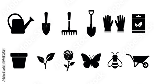 Gardening tools and nature elements icons collection for horticulture, agriculture, and outdoor activities, representing growth, cultivation, and environmental care.