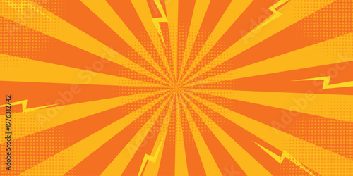 Anime comic book zoom background with sunburst rays and halftone dots. Vector manga speed lines and explosive pop art blast effect for action scenes. Vector Illustration.