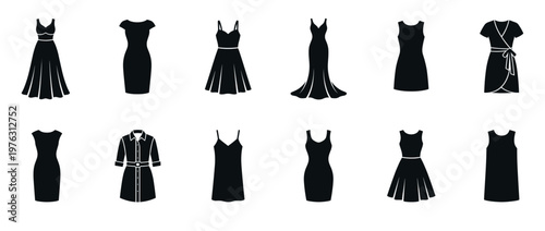Fashionable women's dresses collection, illustrating a variety of styles for formal, semi-formal, and everyday female attire.