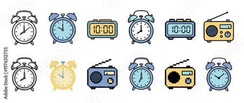 Various alarm clocks and radios in different styles including hand-drawn, flat, and pixel art illustrations for time and sound concepts.
