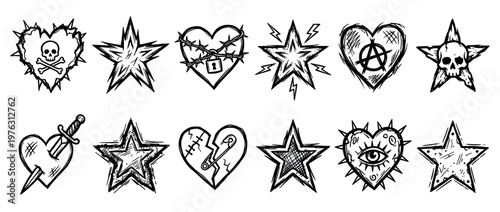 Collection of hand-drawn grunge hearts and stars with punk rock and alternative style elements, perfect for edgy design projects.