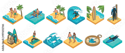 Isometric illustrations of various beach and surfing activities, including people running, kayaking, surfing waves, and relaxing by the ocean.