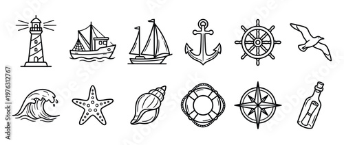 Nautical icons set featuring marine symbols like lighthouse, anchor, sailboat, and starfish, perfect for ocean-themed designs and decorations.