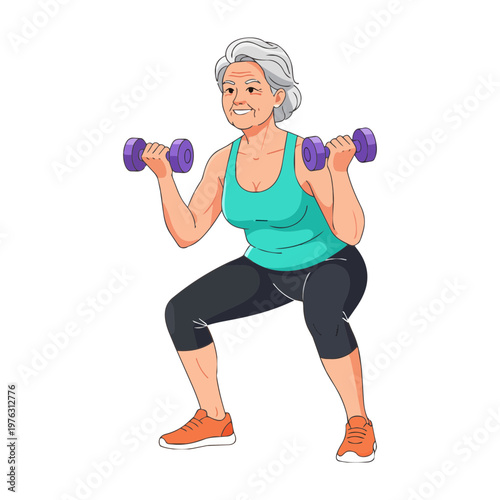 Fit Elderly Woman Squatting with Weights
