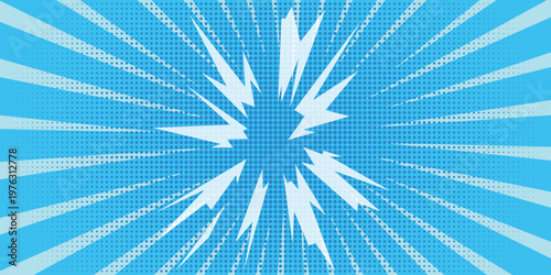 Anime comic book background with explosive sunburst rays and halftone dots. Vector manga speed lines and pop art blast effect for action scenes.