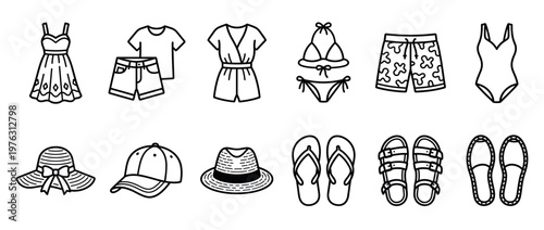 Summer clothing and accessories icon set featuring various apparel for beach vacations and warm weather fashion.