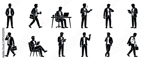 Businessman silhouettes in various poses and activities depicting daily work routine, communication, and technology use in a professional setting.