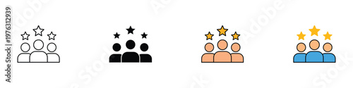 Customer review and user rating icon set. People with stars for feedback, ranking, team leadership, and premium membership concepts. Vector illustration.