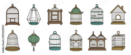 Collection of various decorative bird cages in different shapes and styles, featuring a hand-drawn illustration set.