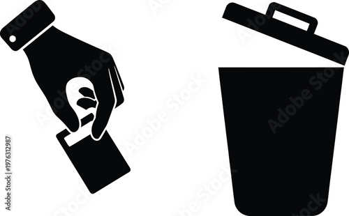 A hand dropping a cigarette into a trash bin for disposal