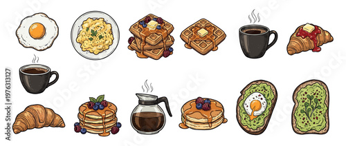 Delicious breakfast food items including eggs, waffles, pancakes, croissants, and coffee, perfect for a morning meal.