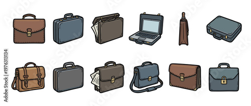 Cartoon illustration of various briefcases and satchels, including open and closed designs, for business and travel.