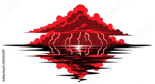 A dramatic vector graphic illustration of a red storm cloud with lightning over water