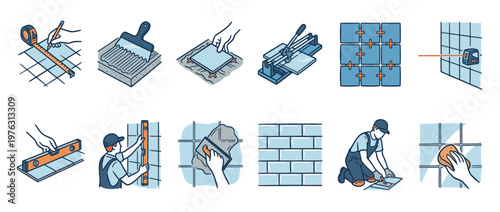 Tile installation process showing various steps from measuring and cutting to laying, grouting, and cleaning for home renovation.