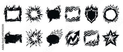 Grunge frames, explosion bursts, and fiery speech bubbles vector set for dynamic graphic design elements and comic book effects.