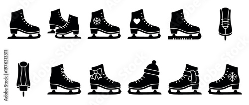 Collection of various ice skates silhouettes, including figure skates, hockey skates, and winter-themed designs with snowflakes, hearts, and bows.