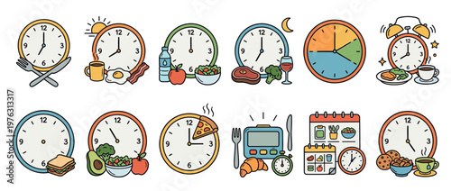 Clocks and food illustrations depicting various meal times, eating schedules, and dietary habits throughout the day for health management.