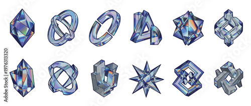 Collection of abstract geometric shapes with holographic and crystalline textures creating a modern digital art illustration.