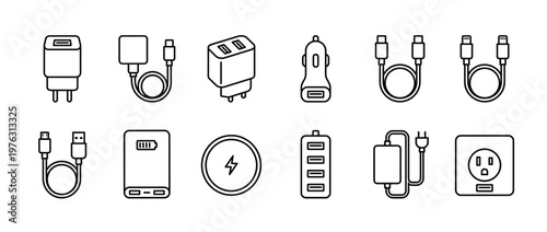 Charging accessories and power supply icons featuring various adapters, cables, power banks, and electrical outlets for electronic devices.
