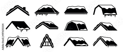 Collection of various house roofs covered with white snow and hanging icicles, depicting winter weather conditions.