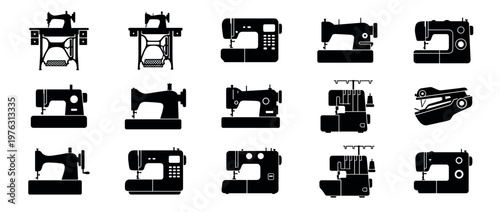 Diverse set of sewing machines, including classic treadle, modern electronic, and serger models, for textile and craft work.