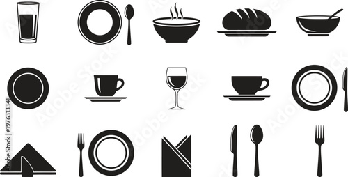 Black silhouette food and tableware collection plates cutlery drinks and bread in a minimalist design