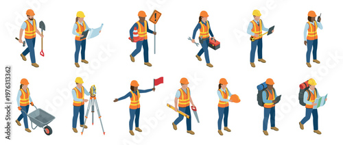 Construction workers performing various tasks with tools and equipment, depicted in a detailed isometric vector illustration style.