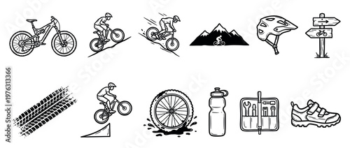 Mountain biking equipment and activities vector illustration set, featuring riders, bikes, helmet, tools, and accessories for outdoor sport.