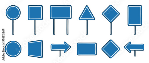 Blank blue road signs in various shapes and sizes are ready for custom text or symbols, providing clear direction and information.