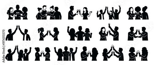 Silhouettes of people celebrating with raised glasses, cheering and toasting together at a festive event or party.