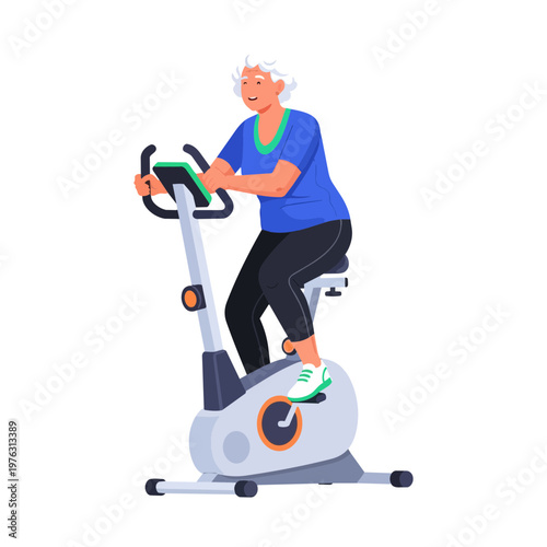 Fit Elderly Woman Cycling in Gym