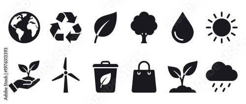 Environmental and ecological icons set featuring earth, recycling, nature, and renewable energy symbols for sustainability concepts.