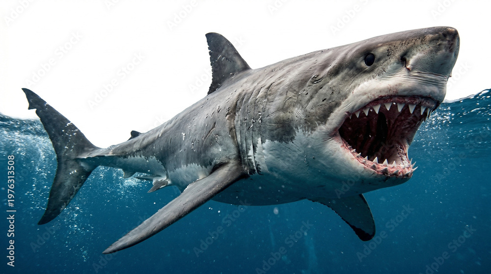 Fototapeta premium Great white shark with open mouth and sharp teeth swimming underwater sea life shark attack underwater predator wildlife aggressive swimming fearsome creature silvertip carcharias thriller