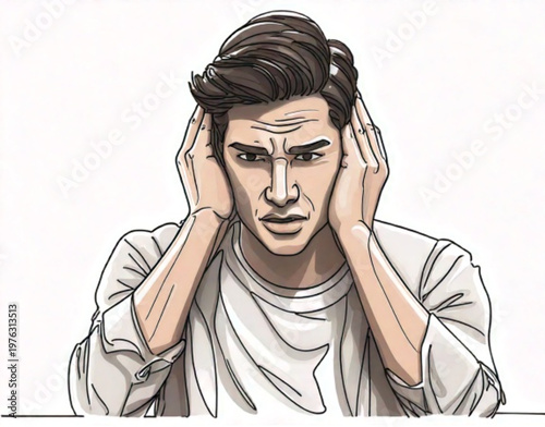 Young man covering ears with hands looking stressed.