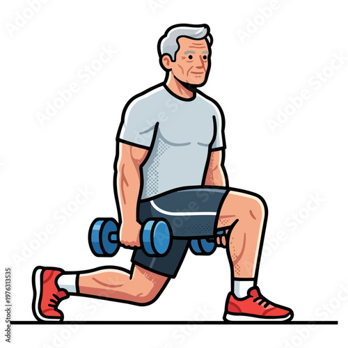 Fit Senior Man Doing Dumbbell Lunges