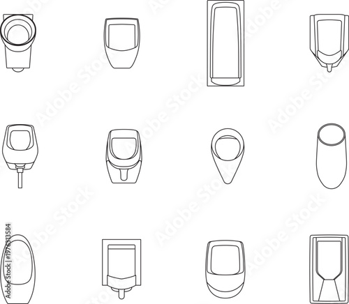 Urinal Set, Bathroom Fixture Collection, Architectural Elements, Sanitary, Blueprint, Editable Stroke, Vector