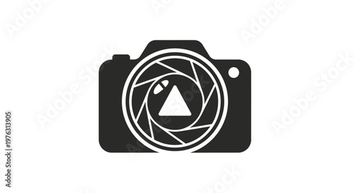 A black and white digital photography icon featuring an isolated zoom lens and old film camera equipment as a compact technology symbol for a focused art image