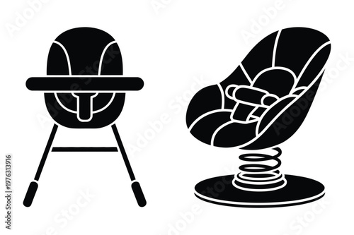 High chair and baby bouncer vector illustration with furniture, illustration