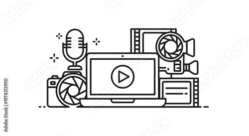 A retro vintage film camera vector illustration set featuring a photography lens icon and digital equipment symbol design for art and web technology
